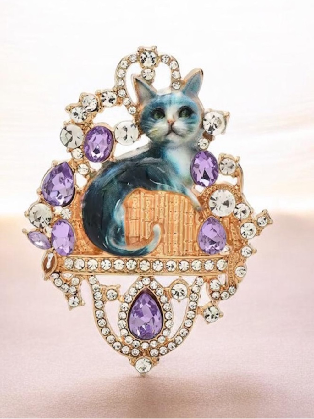 Stylish Cat Brooch Pin in Blue and Purple